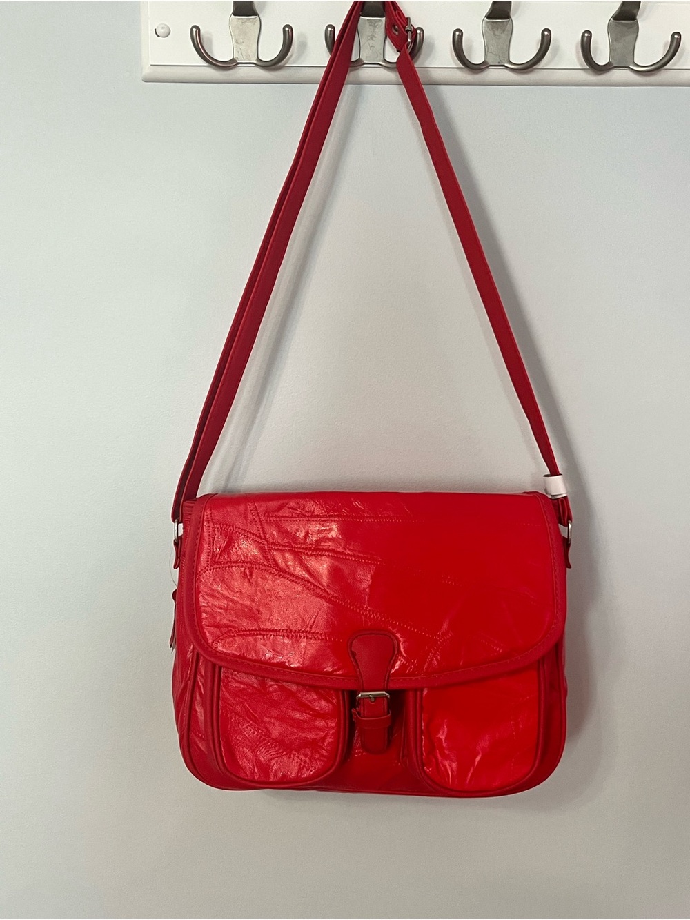 Genuine Red Leather Crossbody Messenger Bag - Women